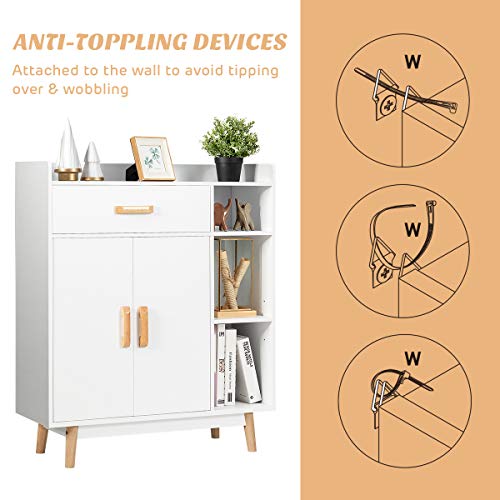 Floor Storage Cabinet, Freestanding Cupboard with 1 Drawer, 2 Doors, 3 Shelves, 4 Rubber Wood Legs, Sideboard, Entryway Unit for Home Office, Living Room, Storage Organizer (White)