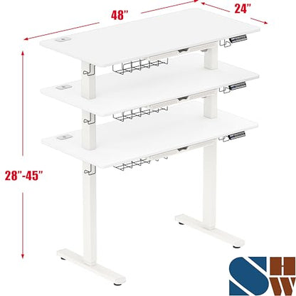 48-Inch Electric Height Adjustable Standing Desk with Drawer, Memory Preset and Cable Management Tray, White