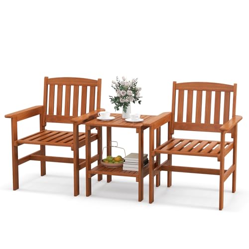 3 Piece Patio Conversation Set, Outdoor Wood Conversation Seat with Table and Umbrella Hole, Outdoor Furniture Set of 3 for Garden Poolside Backyard Balcony Porch