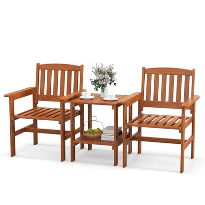 3 Piece Patio Conversation Set, Outdoor Wood Conversation Seat with Table and Umbrella Hole, Outdoor Furniture Set of 3 for Garden Poolside Backyard Balcony Porch