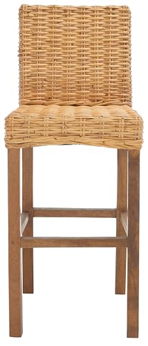 SAFAVIEH Furniture - Tobie Rattan Bar Stool - 29.53" Seat Height - Natural & Golden Brown - Mango Wood - Coastal Rattan-Seat Design - Ideal for Kitchen, Dining Room - Fully Assembled (BST6500A)