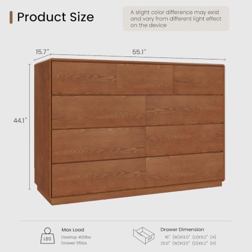 Solid Wood Dresser, 55.1" Wide Mid Century Modern Dresser, Brown, view 3