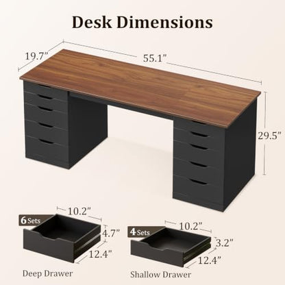 55 Inch Computer Desk with 10 Wooden Drawers, view 4
