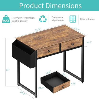Small Computer Desk with 2 Drawers for Bedroom, 31 Inch Home Office Desk with Storage Fabric Drawer and Bag, Study Writing Table for Small Spaces, Rustic Brown