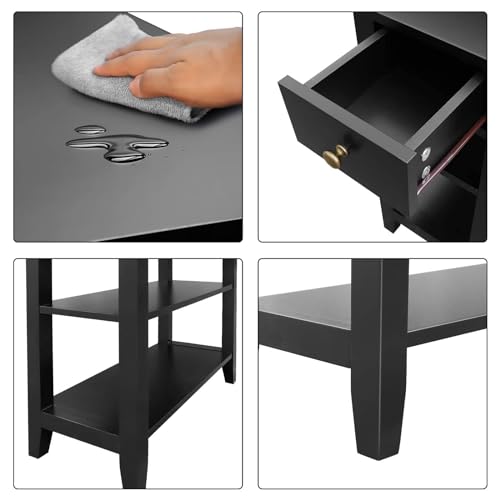 Side Table Living Room, Narrow End Table with Drawer and Shelf, 3-Tier Sofa End Table for Small Space, Black