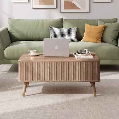 Lift Top Coffee Table with Storage, Mid Century Modern Rectangular Center Table, Fluted Design with Hidden Compartment, Rising Desk for Work from Home, Living Room Furniture, Oak Finish