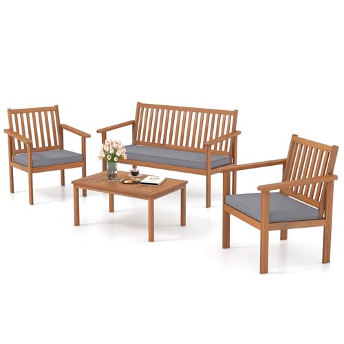 4 Piece Patio Wood Furniture Set, Acacia Wood Sofa Set w/Loveseat, 2 Chairs & Coffee Table, Soft Seat Cushions, Outdoor Wood Furniture Set for Porch, Yard, Balcony (Gray)