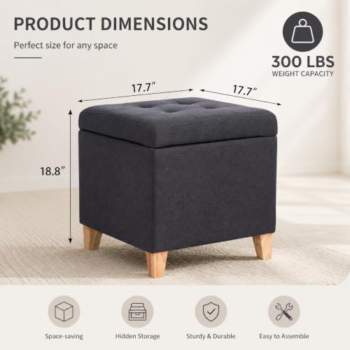 Tufted dark gray storage ottoman with lid and foot rest, view 3