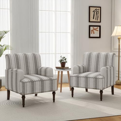 Accent Chair, Mid Century Modern Comfy Armchair for Living Room, Linen Fabric Single Sofa Lounge for Reading Bedroom Apartment Waiting Room with Wood Legs (Grey Stripe, Set of 1)