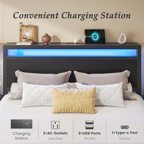 Wooden Queen Bed Frame with Storage and Charging Station, view 6