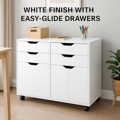 Halifax 2-Section Mobile Storage Cabinet with 4 Drawers and 2 Cabinets – Rolling Organizer with Locking Wheels in White Finish for Home or Office Use 5.98" D x 32.13" W x 26.3" H