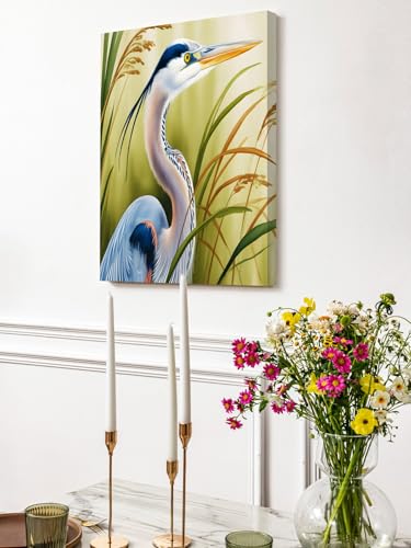 NuYeBiofx Natural Bird Wetland Landscape Canvas Wall Art Prints,40"x28" Framed Picture Artwork Wild Heron Grass Printed Canvas Oil Painting for Living Room Bedroom Office,Ready to Hang