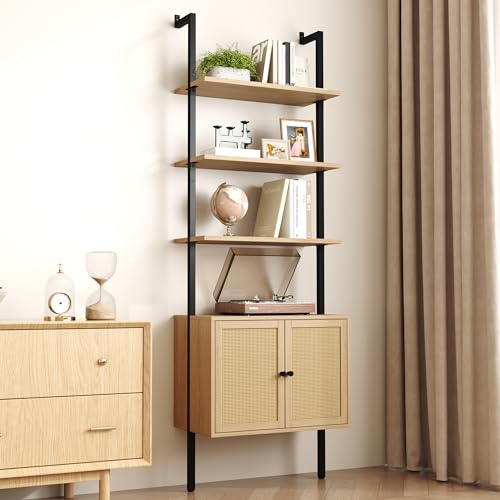 73" Tall Bookshelf with Cabinet, Industrial Ladder Wall Mount Shelf Rattan Bookcase with Wood and Metal Frame, Plant Shelf Wall Storage Display for Living Room Bedroom,Light Ivory Brown