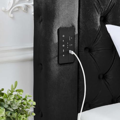 Queen Size Canopy Bed Frame, Velvet Upholstered Bed with Headboard, Black, view 6