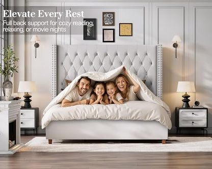 Queen Bed Frame 61.4" Tall Headboard Velvet upholstered,Cream, view 4