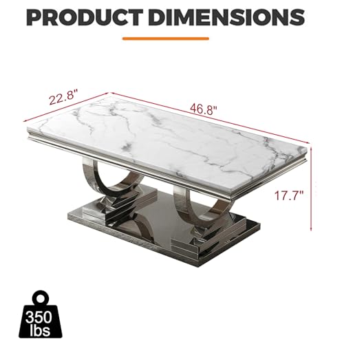 46.8" Coffee Table with Marble Top, Modern Rectangular Faux Marble Coffee Table with Silver Stainless Steel Base, Luxury White Cocktail Center Tea Table for Living Room