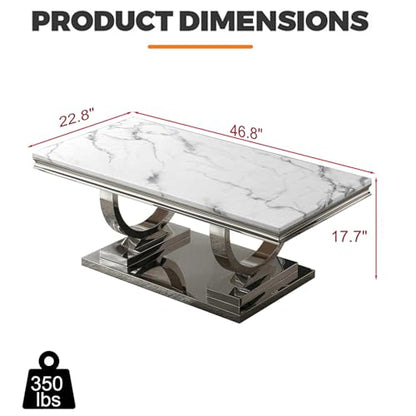 46.8" Coffee Table with Marble Top, Modern Rectangular Faux Marble Coffee Table with Silver Stainless Steel Base, Luxury White Cocktail Center Tea Table for Living Room