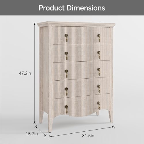 5-Drawer Fluted Dresser Nature Oak/Vintage Brown Wood, Freestanding Organizer, view 3