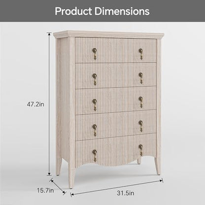 5-Drawer Fluted Dresser Nature Oak/Vintage Brown Wood, Freestanding Organizer, view 3