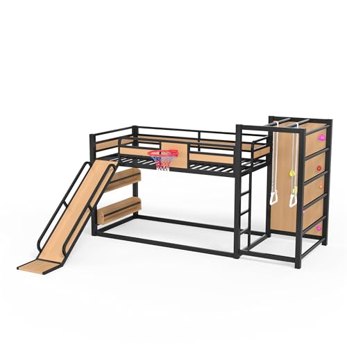 JIVOIT Twin XL Size Metal Loft Bed, Multi-Functional Design Loft Bed Frame with Basketball Hoop, Pull-Up Rings, Climbing Wall, Built-in Bookshelves, a Slide, Space-Saving Design, No Box Spring Needed