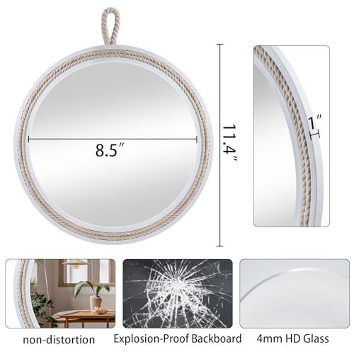 Small Decorative Mirror 11.4'' Round Hanging Mirror for Wall Nautical Rope Mirror for Bathroom Office Living Room All Occasions, White Accent 2