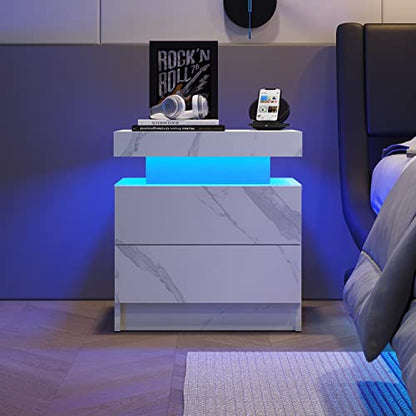 LED Nightstands, Modern End Side Table with 2 Drawers, LED Bedroom Furniture for Bedroom and Living Room, White Marble Pattern