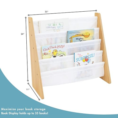 Kids Bookshelf, 4-Tier Front-Facing Book Display Organizer, Montessori Toddler Bookcase for Playroom, Bedroom & Reading Corner, Natural Wood/White