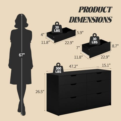 Dresser for Bedroom with 6 Drawers, 47.2" Modern Dressers, Black, view 4