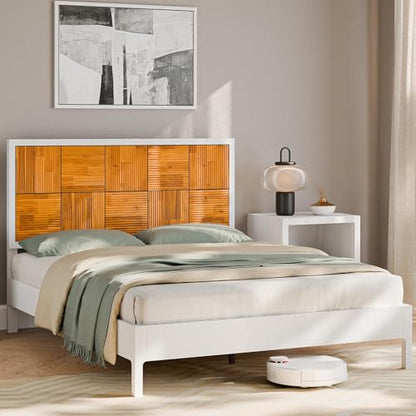 Madia Bed Frame, Mid Century Queen Bed Frame and Headboard with Unique & Trendy Fluted Pattern, 800lbs Capacity Platform Bed Frame, Solid Acacia Wood Slat Support, Easy Assembly White Bed Frame