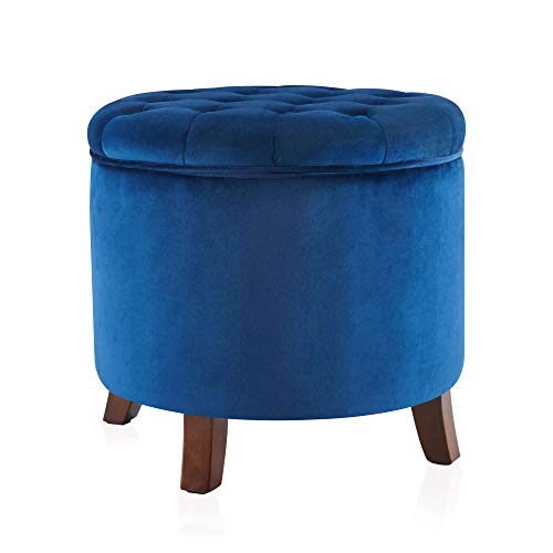 Modern Tufted Accent Storage Ottoman, Small Upholstered Button Circle Pouf Footstool with Lift Top, for Bedroom Living Room Vanity - Navy Blue