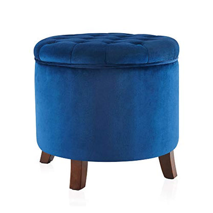 Modern Tufted Accent Storage Ottoman, Small Upholstered Button Circle Pouf Footstool with Lift Top, for Bedroom Living Room Vanity - Navy Blue