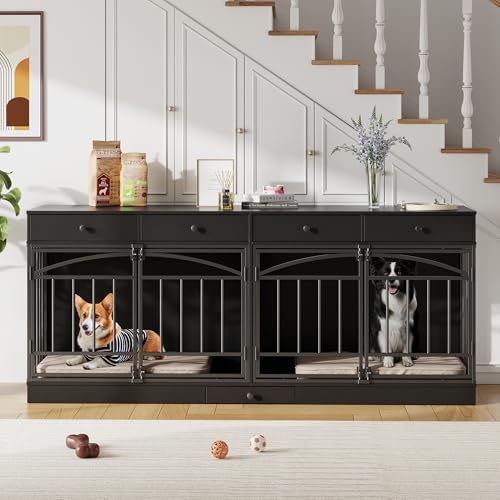 78.7" Dog Crate Furniture for 2 Dogs with 4 Drawers, Black, view 2