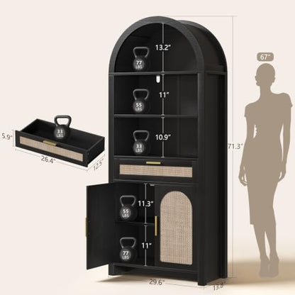 71.3" Tall Arched Bookshelf with Doors - 5 Tier Rattan Arched Bookcase, view 3