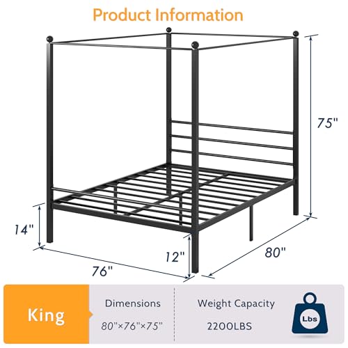 King Size Canopy Bed Frame, Four Poster Metal Frame, Black, view 3