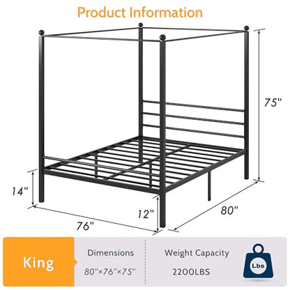 King Size Canopy Bed Frame, Four Poster Metal Frame, Black, view 3