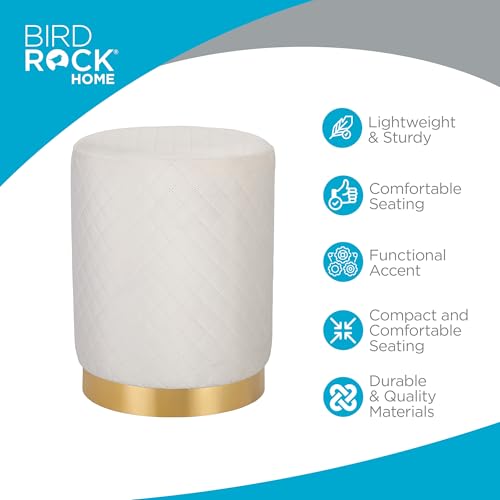 Velvet Round Ottoman Foot Stool with Lattice Design and Gold Trim - Soft, Padded Foot Rest for Living Room or Bedroom – Decorative Foot Ottoman for Chair, Rocking Chair or Couch (Cream)