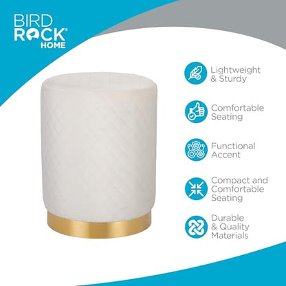 Velvet Round Ottoman Foot Stool with Lattice Design and Gold Trim - Soft, Padded Foot Rest for Living Room or Bedroom – Decorative Foot Ottoman for Chair, Rocking Chair or Couch (Cream)