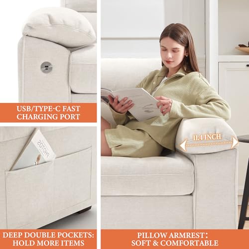 90.5" Modern Sofa 2-Seater Couch for Living Room, Chenille Pillow-Armrest with Extra Large Seat Width, USB/Type-C Charging Port & Side Pocket, Removable Medium Firm Cushion(Beige)