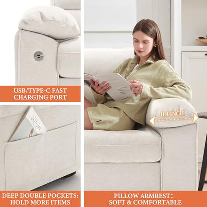90.5" Modern Sofa 2-Seater Couch for Living Room, Chenille Pillow-Armrest with Extra Large Seat Width, USB/Type-C Charging Port & Side Pocket, Removable Medium Firm Cushion(Beige)