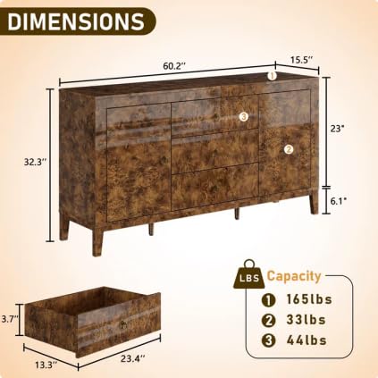 60" Glossy Burl Wood Sideboard Buffet with Storage, view 4