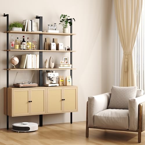 73" Tall Bookshelf with Cabinet, Industrial Ladder Wall Mount Shelf Rattan Bookcase with Wood and Metal Frame, Plant Shelf Wall Storage Display for Living Room Bedroom,Light Ivory Brown