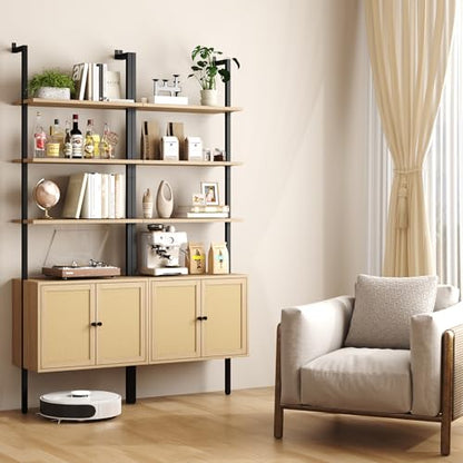 73" Tall Bookshelf with Cabinet, Industrial Ladder Wall Mount Shelf Rattan Bookcase with Wood and Metal Frame, Plant Shelf Wall Storage Display for Living Room Bedroom,Light Ivory Brown