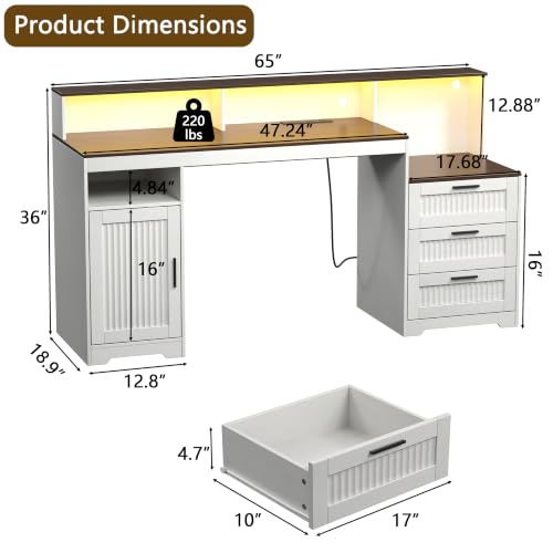 65" Farmhouse Home Office Desk with 3 Drawers and LED Lights, view 3