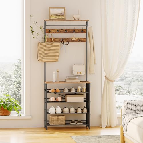 Hall Tree with Bench, Entryway Coat Rack with Shoe Rack, Shoe and Coat Rack, view 5