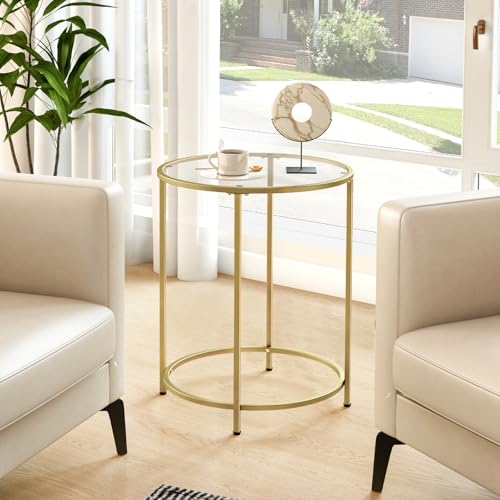 Round Side Table, Modern Style Coffee Table, Sofa Table, Table with Metal Shelves and Glass Top, End Table for Living Room, Bedroom, Balcony, Patio, (H) 25.59 inch× (D) 19.69 inch, Gold