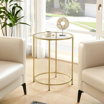 Round Side Table, Modern Style Coffee Table, Sofa Table, Table with Metal Shelves and Glass Top, End Table for Living Room, Bedroom, Balcony, Patio, (H) 25.59 inch× (D) 19.69 inch, Gold