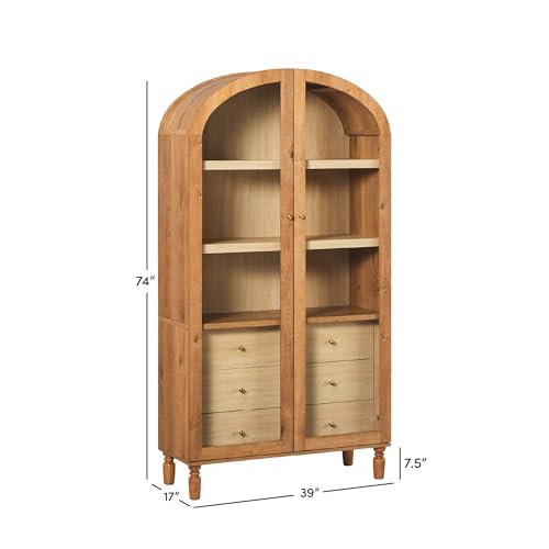 Darci Modern Arched Bookshelf Cabinet with Full-Length Glass Doors and Inner Drawers, 74 Inch, English Oak