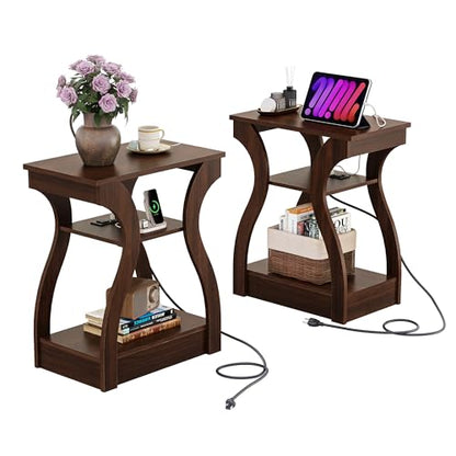 End Tables Living Room Set of 2, Cherry Side Tables with Charging Station, Nightstand for Bedroom, 3 Tier End Table with Storage Shelf, Side Table Set of 2 for Living Room, Cherry