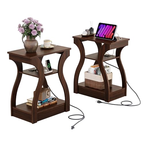 End Tables Living Room Set of 2, Cherry Side Tables with Charging Station, Nightstand for Bedroom, 3 Tier End Table with Storage Shelf, Side Table Set of 2 for Living Room, Cherry