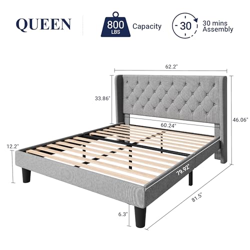Queen Bed Frame with Button Tufted Wingback Headboard, Light Grey, view 3